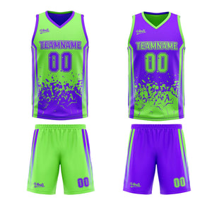 Traje de baloncesto reversible verde y morado personalizado para adultos y niños
