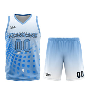 Uniforme de baloncesto personalizado blanco y azul con tu logotipo-nombre y número impresos