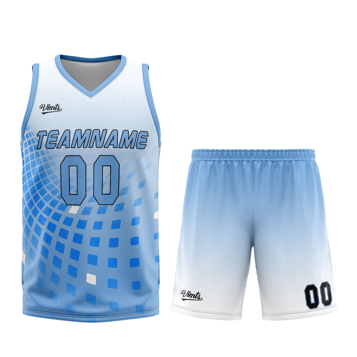 Uniforme de baloncesto personalizado blanco y azul con tu logotipo-nombre y número impresos
