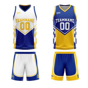 Traje de baloncesto reversible azul y amarillo personalizado para adultos y niños