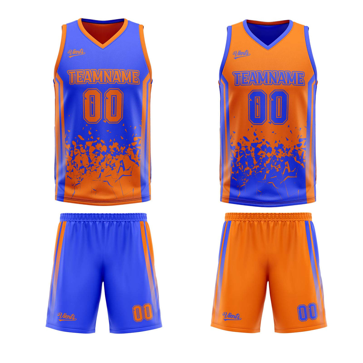 Traje de baloncesto reversible azul y naranja personalizado para adultos y niños