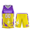 Uniforme de baloncesto personalizado amarillo y morado con tu logotipo-nombre y número impresos