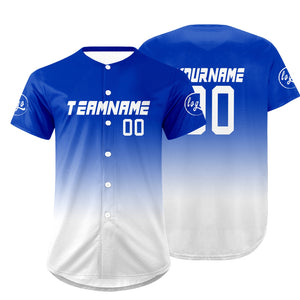 Camiseta de béisbol personalizada blanca y azul con degradado uniformes de equipo con nombre y número