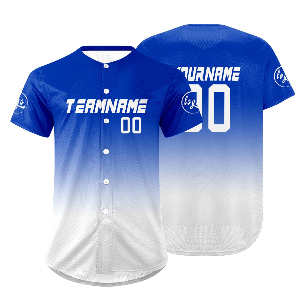 Camiseta de béisbol personalizada blanca y azul con degradado uniformes de equipo con nombre y número