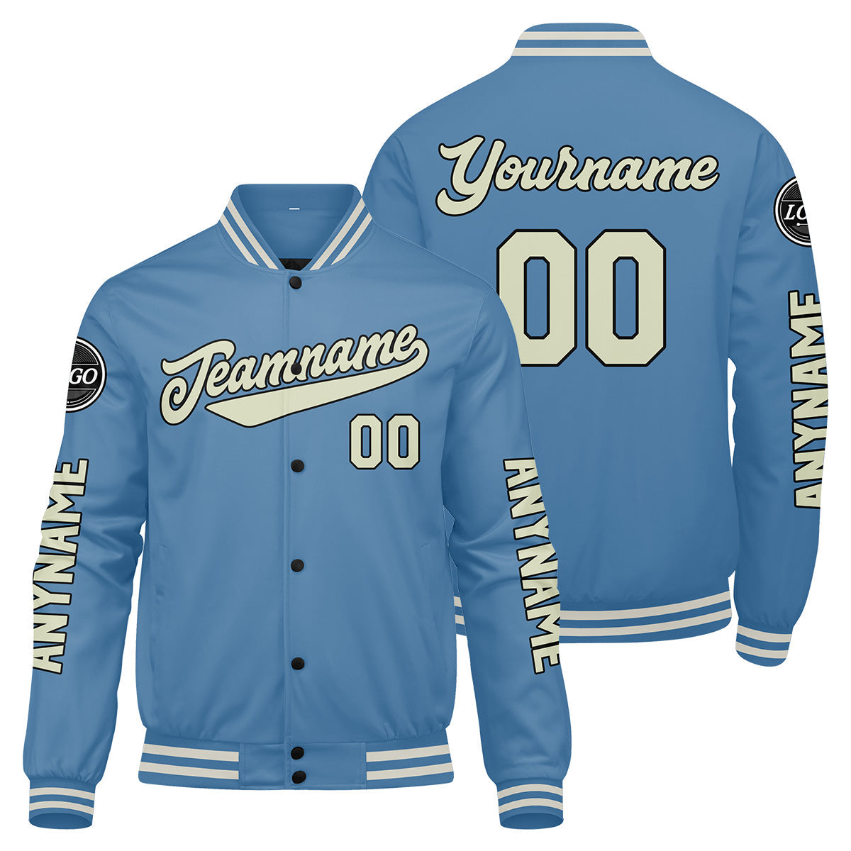 Chaquetas universitarias personalizadas azul claro crema para hombres & mujeres y jóvenes & Chaquetas Letterman personalizadas
