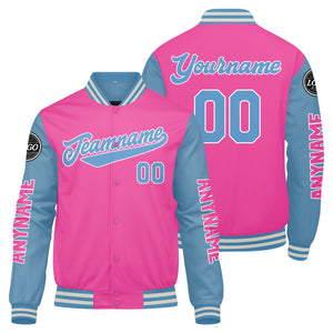 Chaquetas universitarias personalizadas en rosa y azul claro para hombres & mujeres y jóvenes & Chaquetas Letterman personalizadas