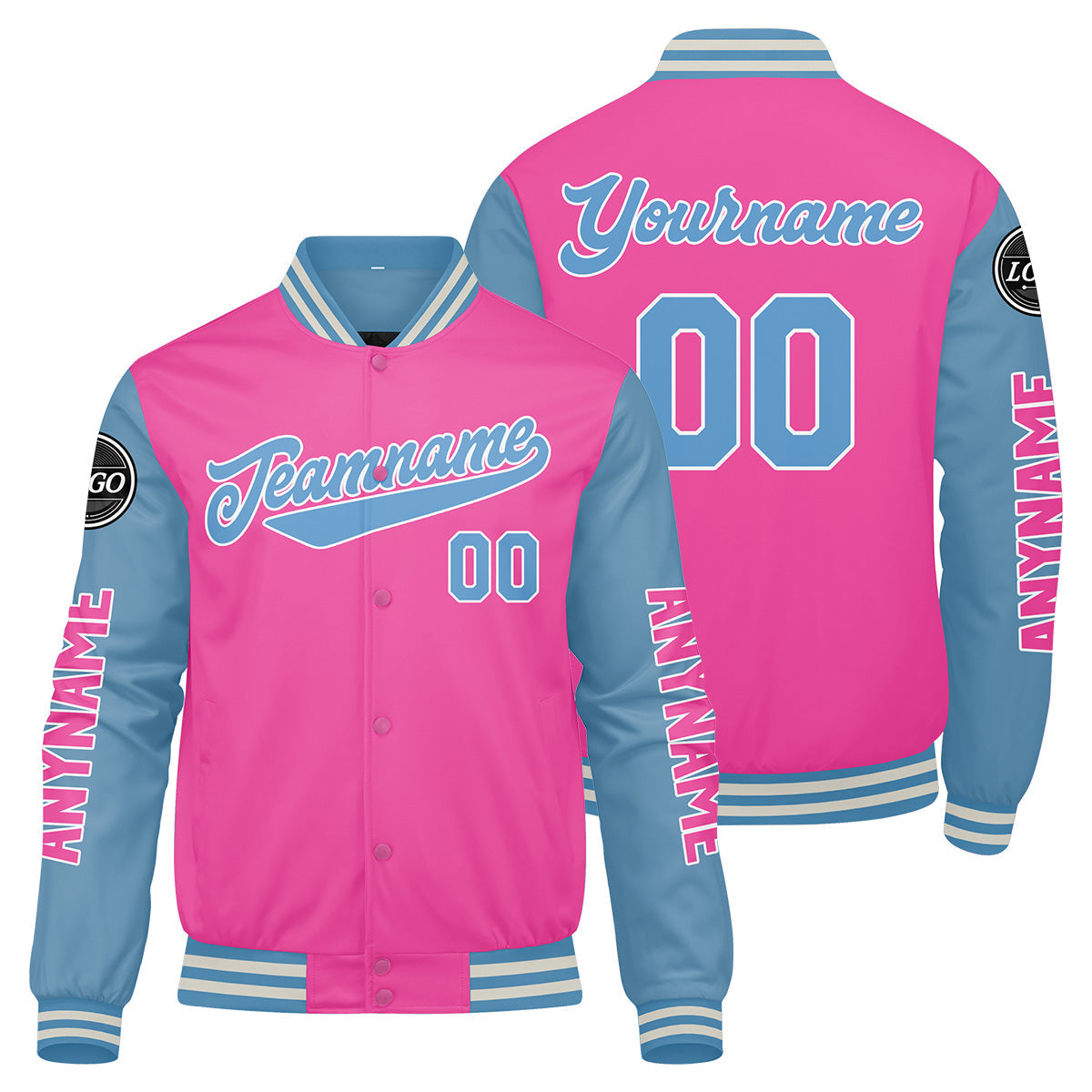 Chaquetas universitarias personalizadas en rosa y azul claro para hombres & mujeres y jóvenes & Chaquetas Letterman personalizadas