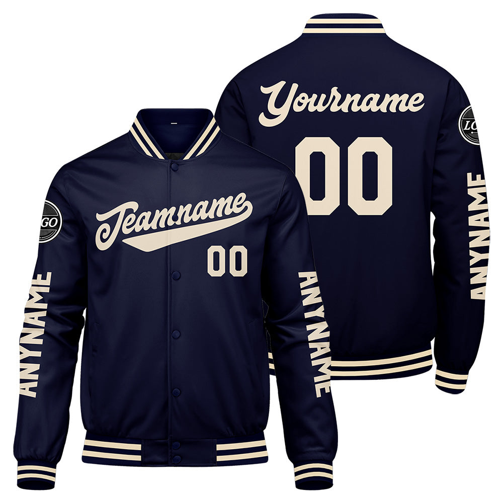 Chaquetas universitarias personalizadas azul marino y crema para hombres & mujeres y jóvenes & Chaquetas tipo Letterman personalizadas