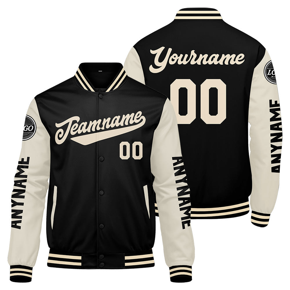 Chaquetas universitarias personalizadas en color negro y crema para hombres & mujeres y jóvenes & Chaquetas Letterman personalizadas