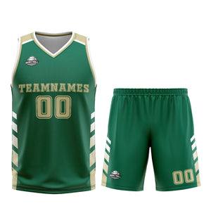 Uniforme de baloncesto personalizado verde y amarillo con tu logotipo-nombre y número impresos