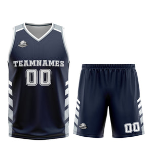 Uniforme de baloncesto personalizado azul marino gris con tu logotipo-nombre y número impresos