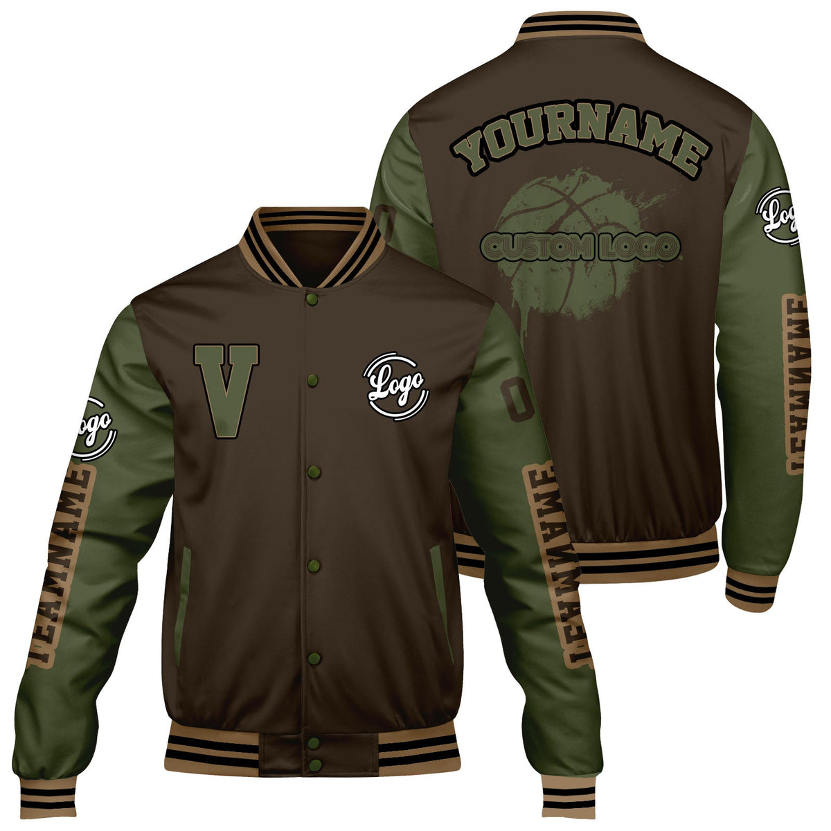 Chaquetas universitarias personalizadas en color marrón y verde oliva para hombres & mujeres y jóvenes & Chaquetas Letterman personalizadas