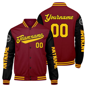 Chaquetas universitarias personalizadas en color carmesí & negro y amarillo para hombres & mujeres y jóvenes & Chaquetas tipo Letterman personalizadas