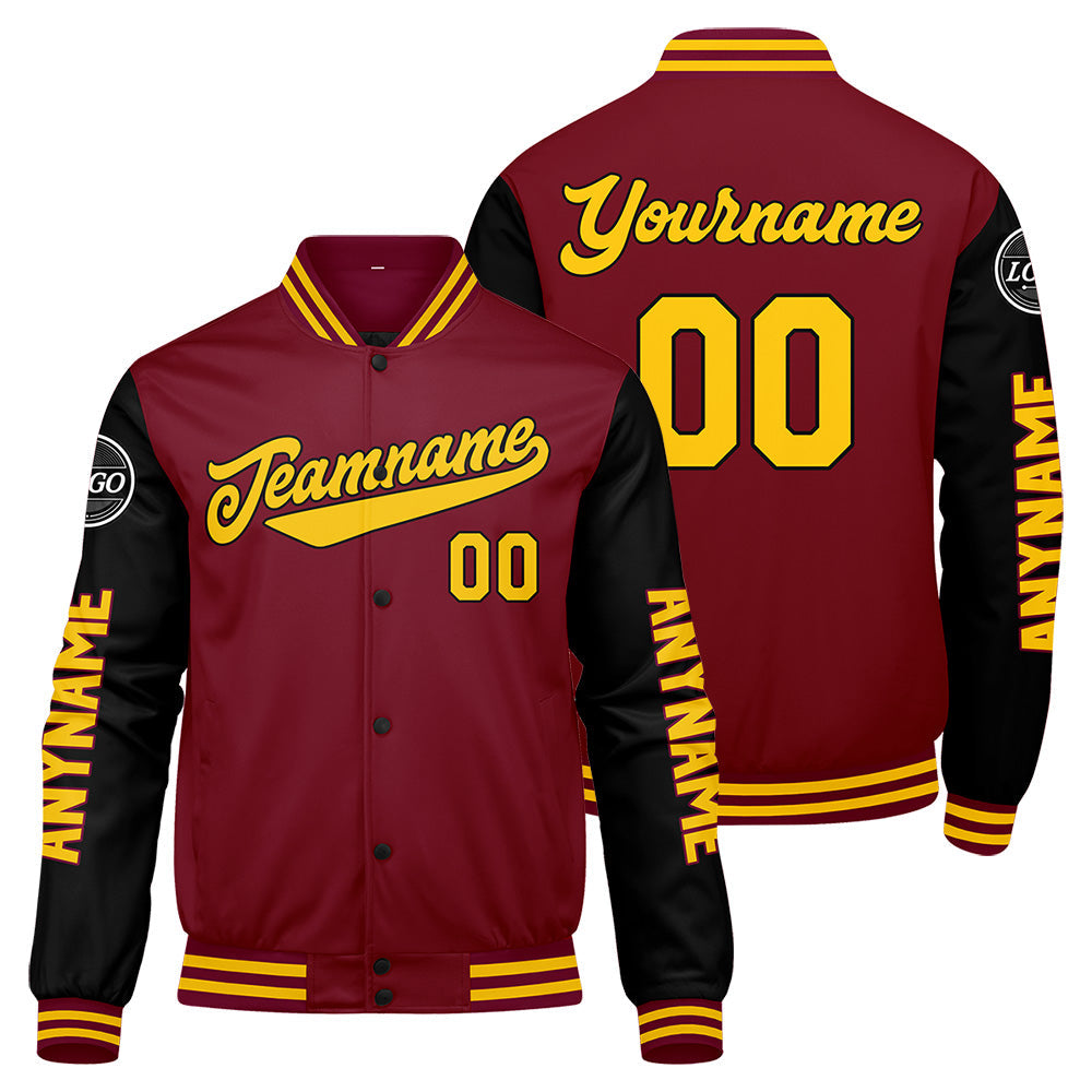 Chaquetas universitarias personalizadas en color carmesí & negro y amarillo para hombres & mujeres y jóvenes & Chaquetas tipo Letterman personalizadas