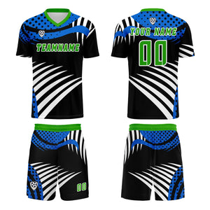 Conjunto personalizado de camiseta de uniforme azul y verde para niños y adultos