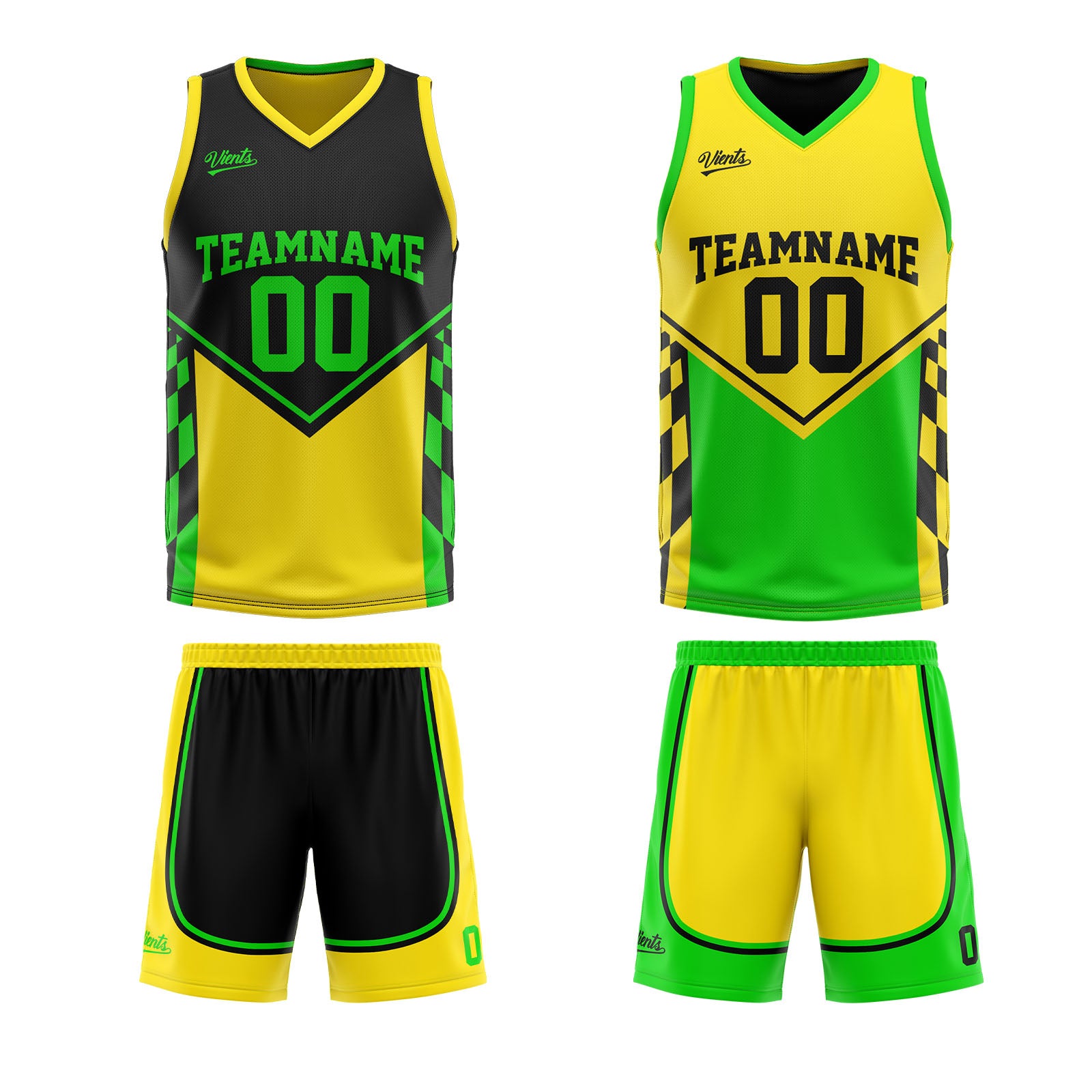 Traje de baloncesto reversible personalizado en negro-amarillo y verde claro para adultos y niños
