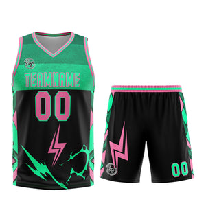 Uniforme de baloncesto personalizado en negro-verde y rosa con tu logotipo-nombre y número impresos