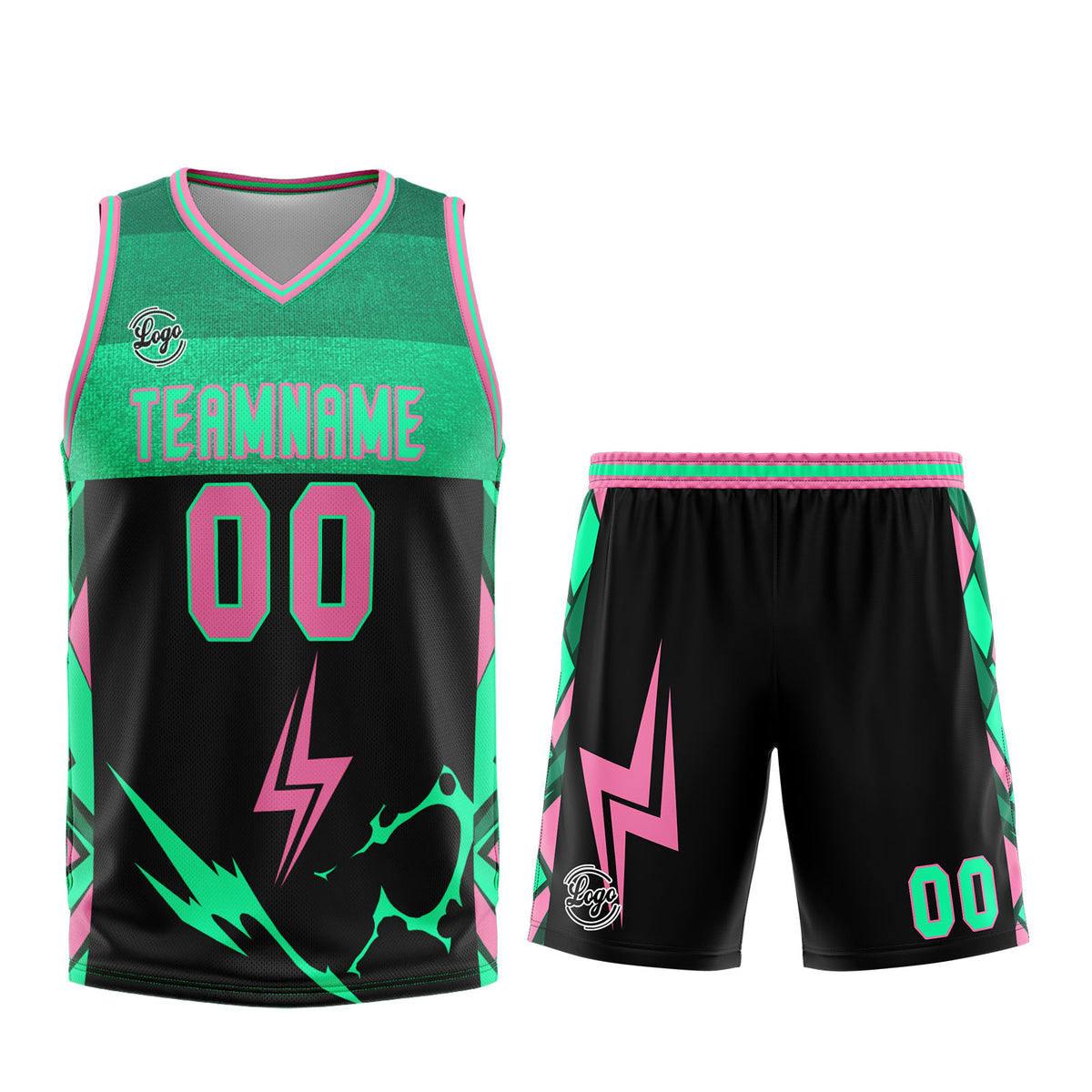 Uniforme de baloncesto personalizado en negro-verde y rosa con tu logotipo-nombre y número impresos