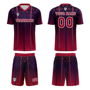 Conjunto personalizado de camiseta de uniforme rojo y morado para niños y adultos