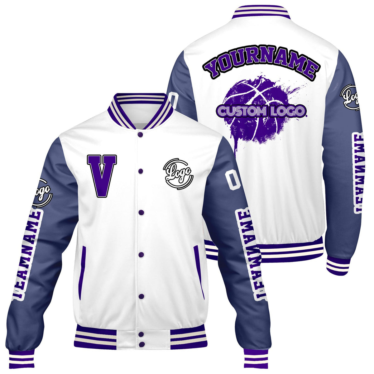 Chaquetas universitarias blancas y moradas personalizadas para hombres & mujeres y jóvenes & Chaquetas Letterman personalizadas