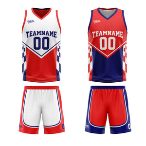 Traje de baloncesto reversible azul y rojo personalizado para adultos y niños