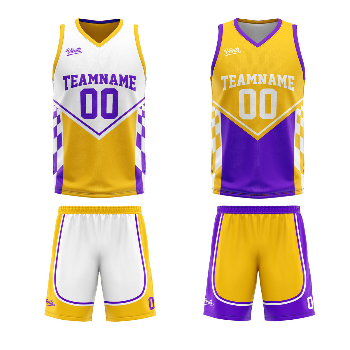 Traje de baloncesto reversible amarillo y morado personalizado para adultos y niños