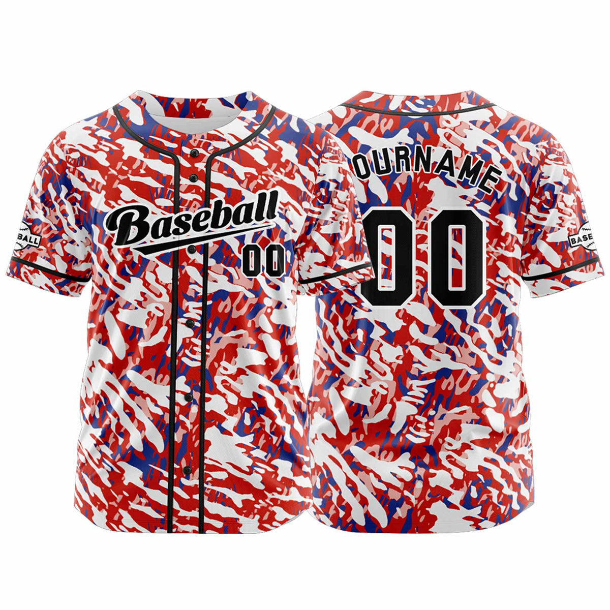 Camiseta de béisbol personalizada roja y azul con botones para hombre mujer adulto y joven Estampado de nombre número y logotipo