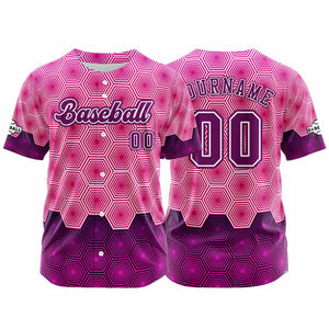 Camiseta de béisbol personalizada rosa y morada con botones para hombre mujer adulto y joven Estampado de nombre número y logotipo