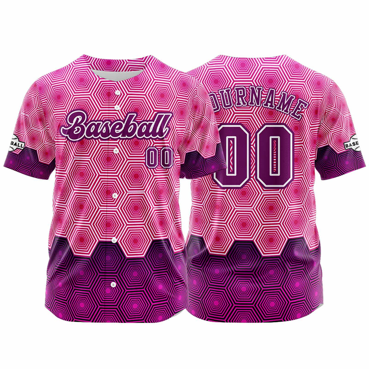 Camiseta de béisbol personalizada rosa y morada con botones para hombre mujer adulto y joven Estampado de nombre número y logotipo