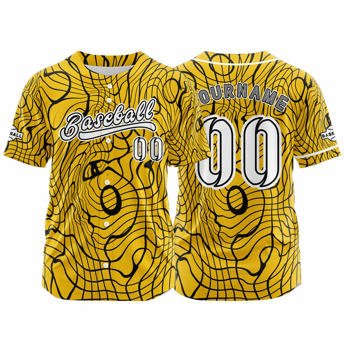 Camiseta de béisbol amarilla personalizada con botones para hombre mujer adulto y joven Estampado de nombre número y logotipo