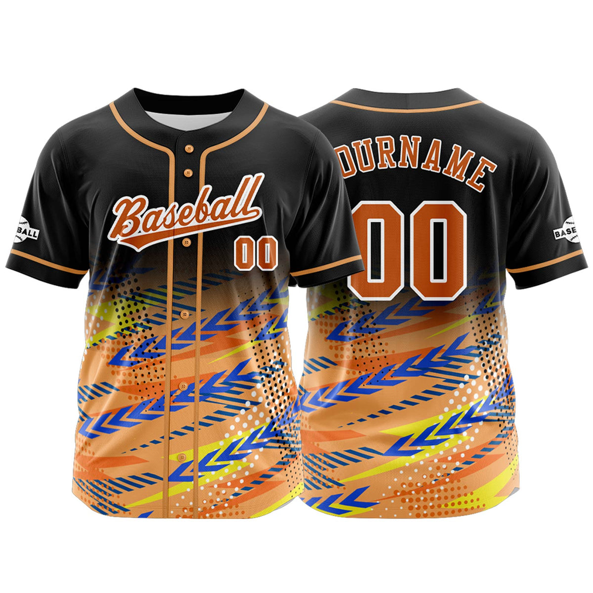 Camiseta de béisbol personalizada negra y naranja con botones para hombre mujer adulto y joven Estampado de nombre número y logotipo