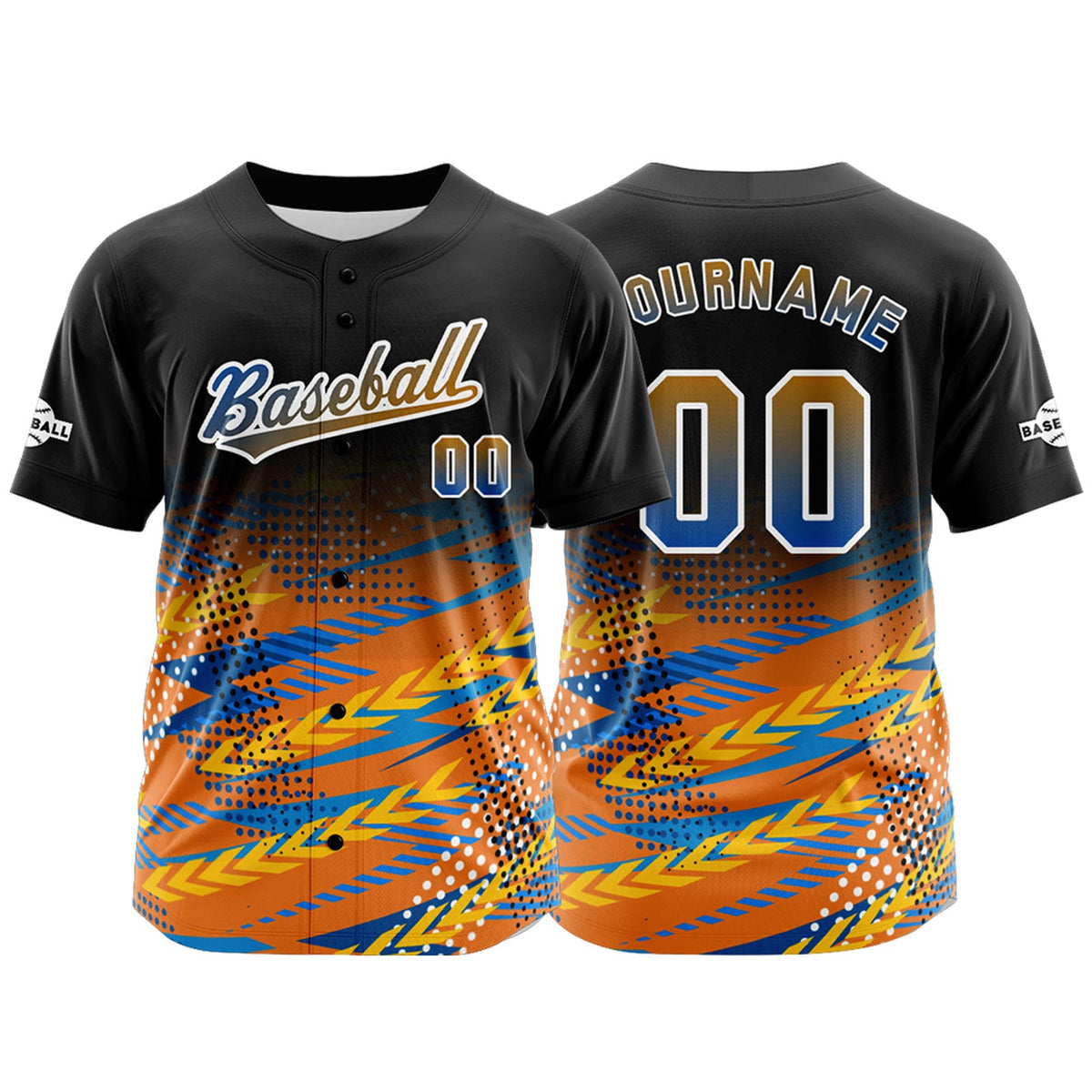 Camiseta de béisbol personalizada negra y naranja con botones para hombre mujer adulto y joven Estampado de nombre número y logotipo