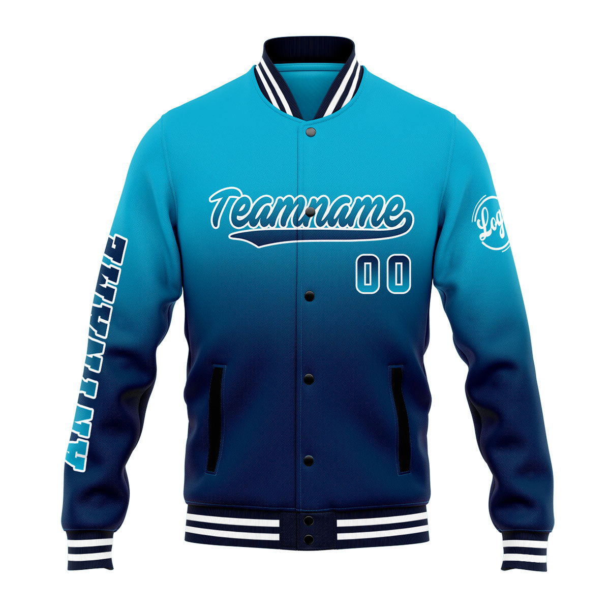 Chaqueta universitaria personalizada estilo Letterman para hombres-mujeres y jóvenes-color aguamarina y azul oscuro