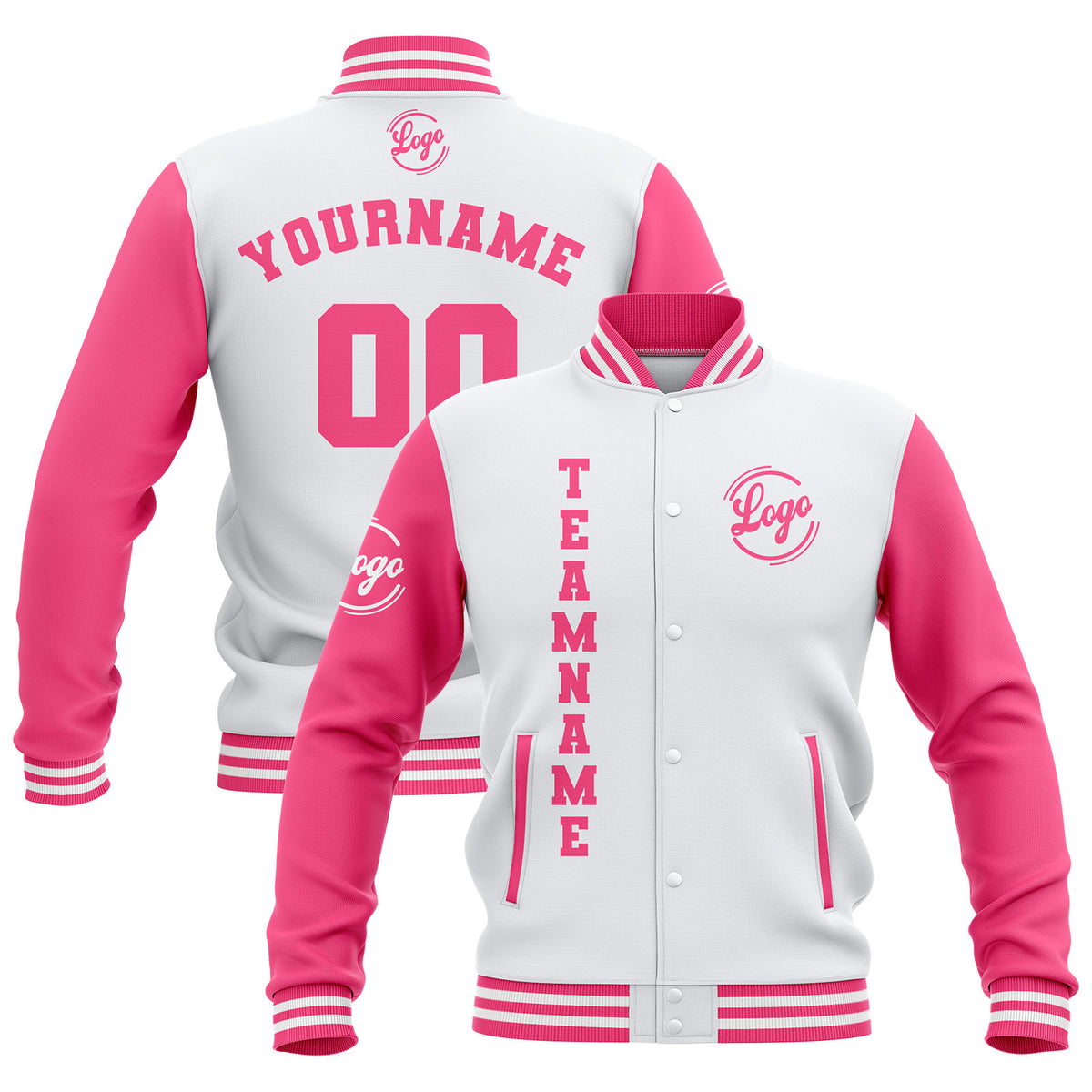 Chaquetas universitarias impermeables blancas y rosas personalizadas con nombre-número y logotipo bordados