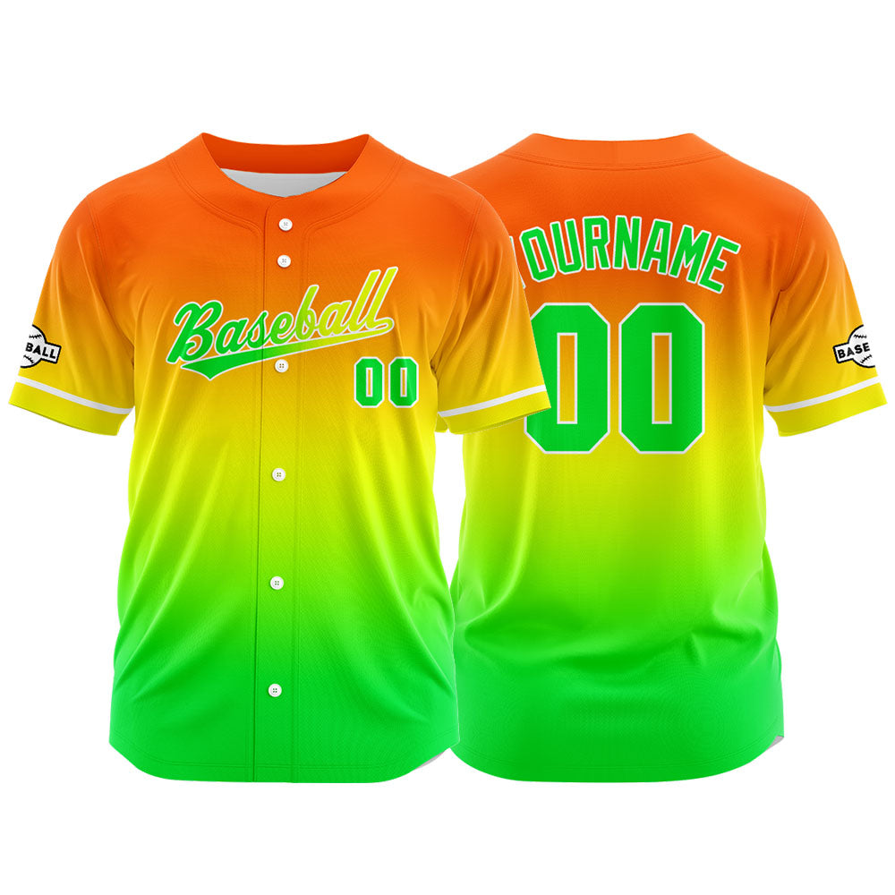 Dise?o personalizado de camiseta de béisbol con estampado completo en verde amarillo y naranja