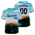 Camiseta de béisbol con dise?o personalizado estampado completo en azul claro negro y naranja