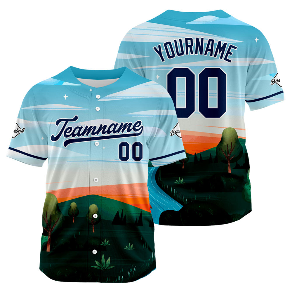 Camiseta de béisbol con dise?o personalizado estampado completo en azul claro negro y naranja