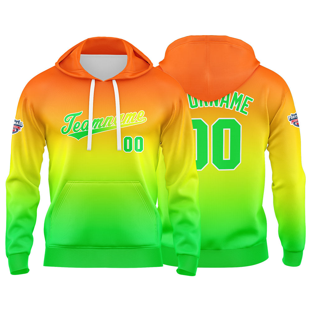 Sudadera con capucha personalizada con degradado para hombre-mujer-niña o niño Estampa tu logotipo-nombre o número en naranja-amarillo y verde