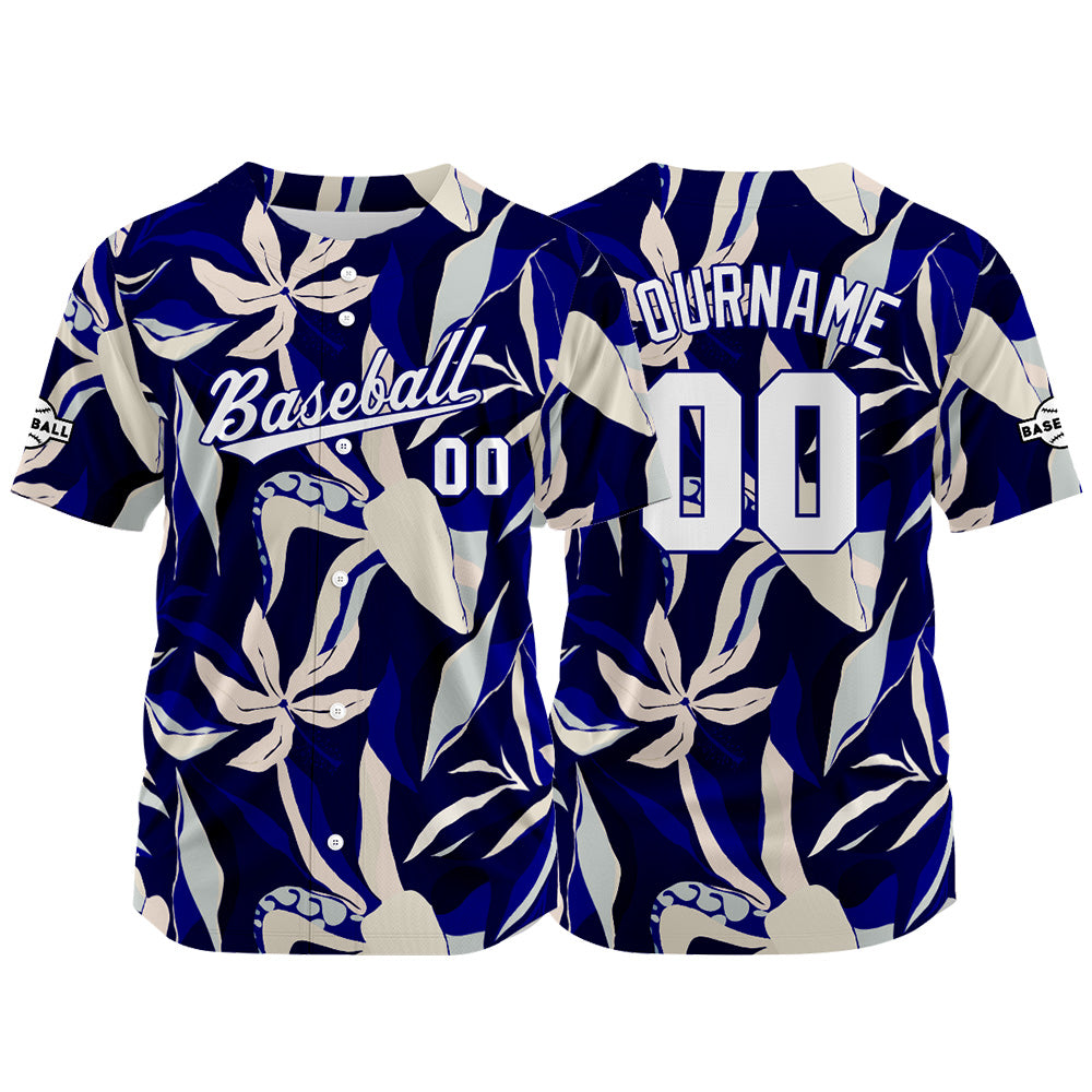 Camiseta de béisbol con dise?o personalizado estampado completo color azul marino y crema