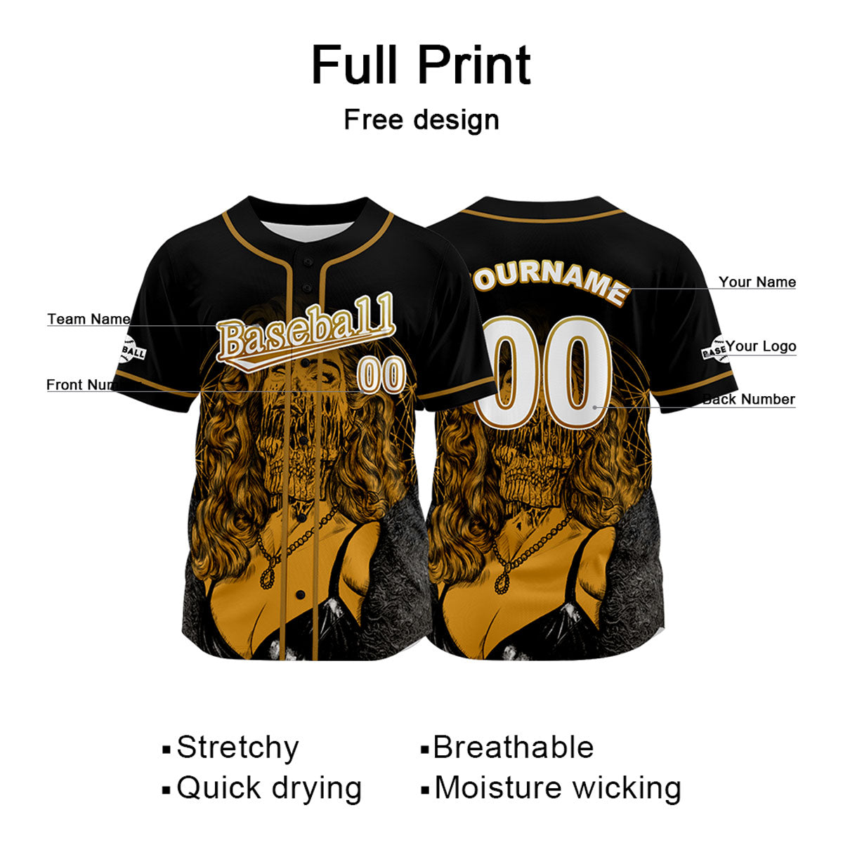 Camiseta de béisbol negra personalizada con nombre número y logotipo personalizados