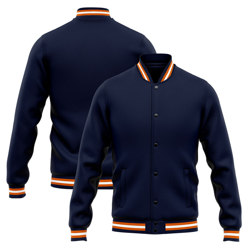 Chaqueta universitaria personalizada estilo Letterman para hombres-mujeres y jóvenes-color azul marino y naranja