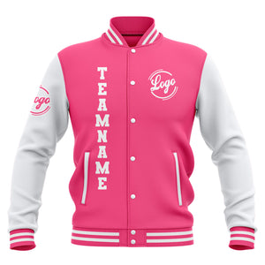Chaquetas universitarias impermeables personalizadas en rosa y blanco con nombre-número y logotipo bordados a medida