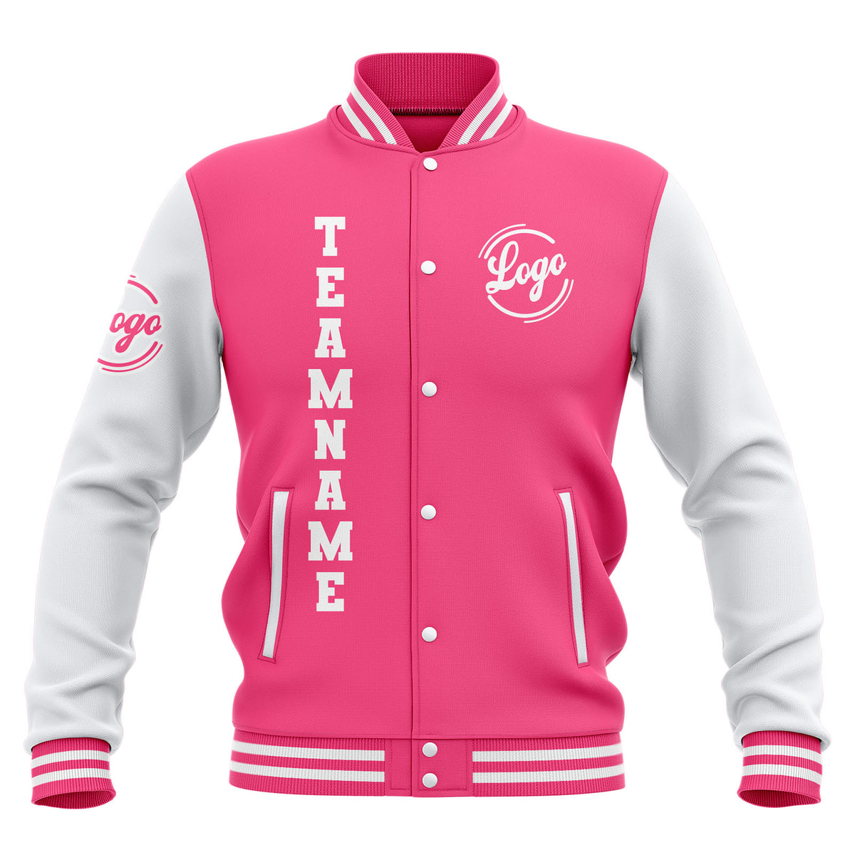 Chaquetas universitarias impermeables personalizadas en rosa y blanco con nombre-número y logotipo bordados a medida