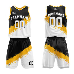 Uniforme de baloncesto personalizado en negro-amarillo y blanco con tu logotipo-nombre y número impresos