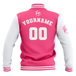 Chaquetas universitarias impermeables personalizadas en rosa y blanco con nombre-número y logotipo bordados a medida