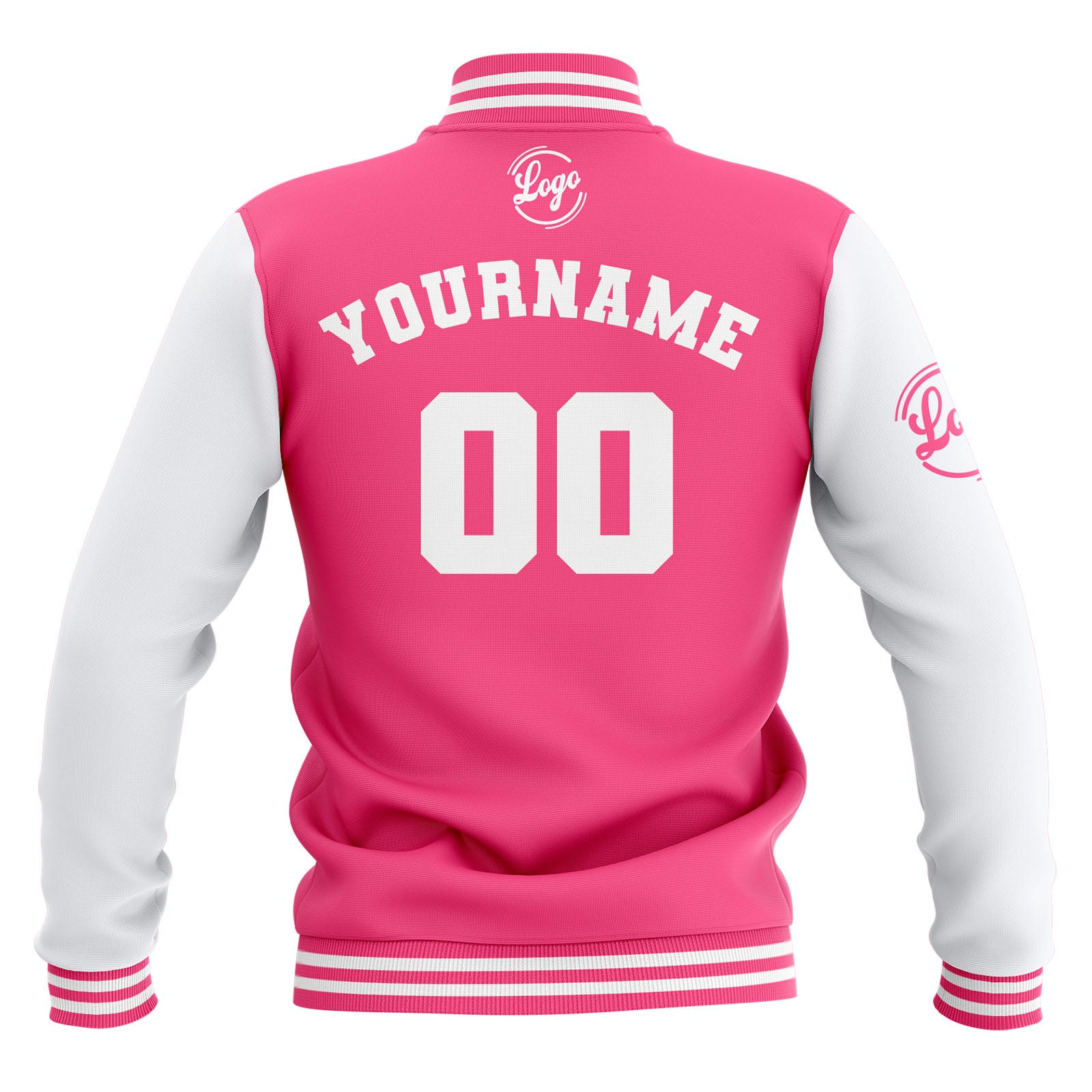 Chaquetas universitarias impermeables personalizadas en rosa y blanco con nombre-número y logotipo bordados a medida