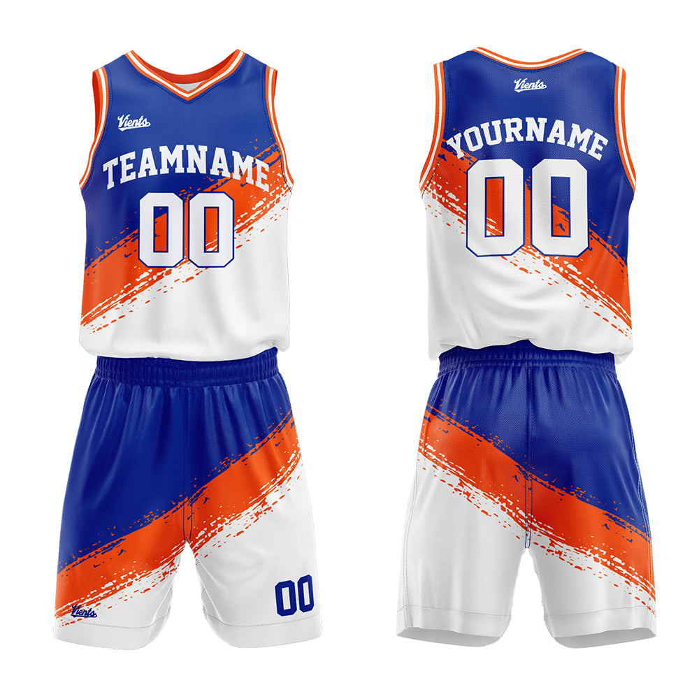 Uniforme de baloncesto personalizado en naranja real y blanco con tu logotipo-nombre y número impresos