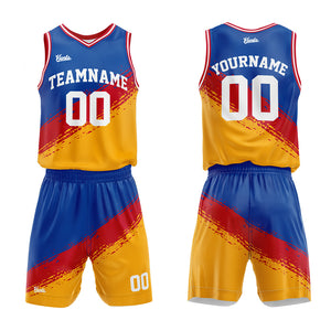 Uniforme de baloncesto personalizado rojo y amarillo con tu logotipo-nombre y número impresos