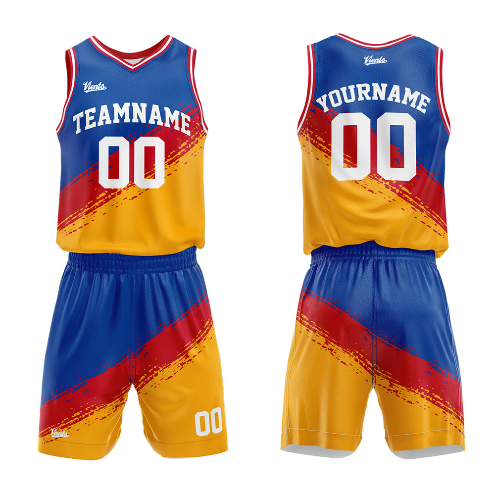 Uniforme de baloncesto personalizado rojo y amarillo con tu logotipo-nombre y número impresos