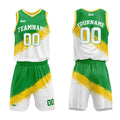 Uniforme de baloncesto personalizado verde-amarillo y blanco con tu logotipo-nombre y número impresos
